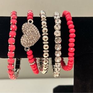 5-Piece Pink Bead & Silver Rhinestone Heart Charm Stretch Bracelet Set